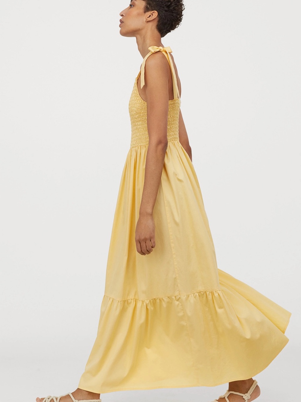 H&M Smocked Yellow Cotton Dress Bow Tie Strap Small